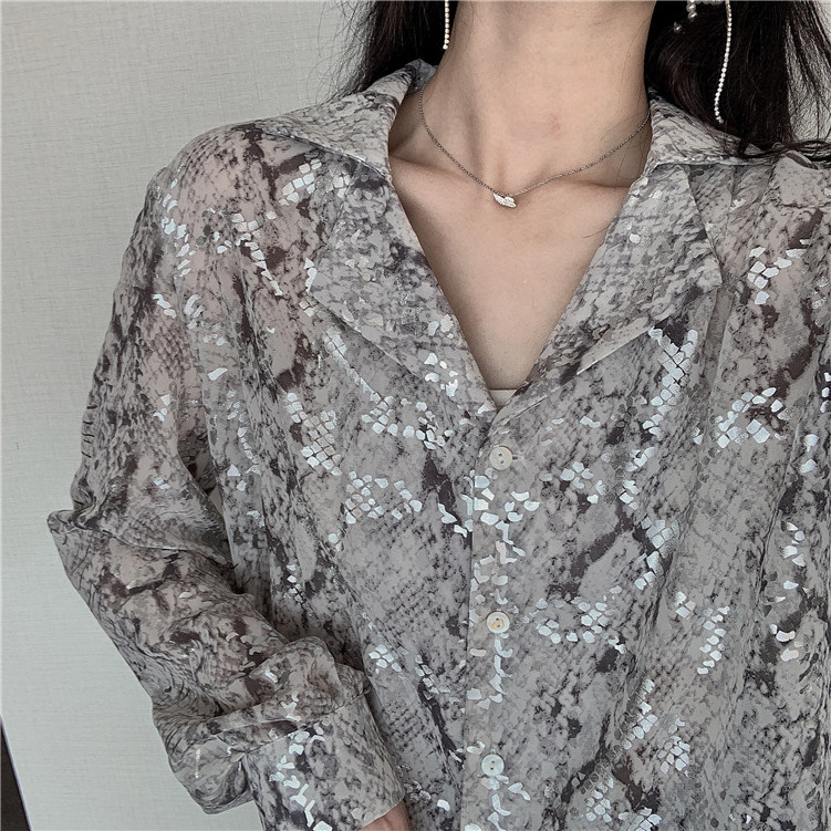 Snake Print Sequin Blouse Glitter Ladies Top Long Sleeve Button Down Shirt For Women Autumn Korean Fashion 210427