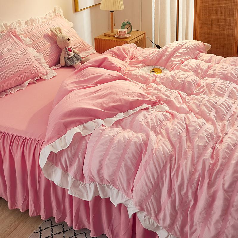 Princess Bedding Set Seersucker Solid Ruffles Duvet Cover Cotton&Polyester Flat Sheet /Bed Skirt Wedding Bedclothes Home Textile Sets