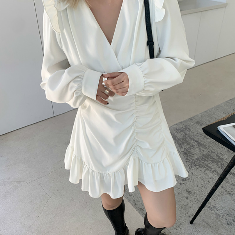 Draped Mini Dress Women Casual High Street French Long Sleeve High Waist Party Elegant Dress Female Summer Clothing Korean 210521
