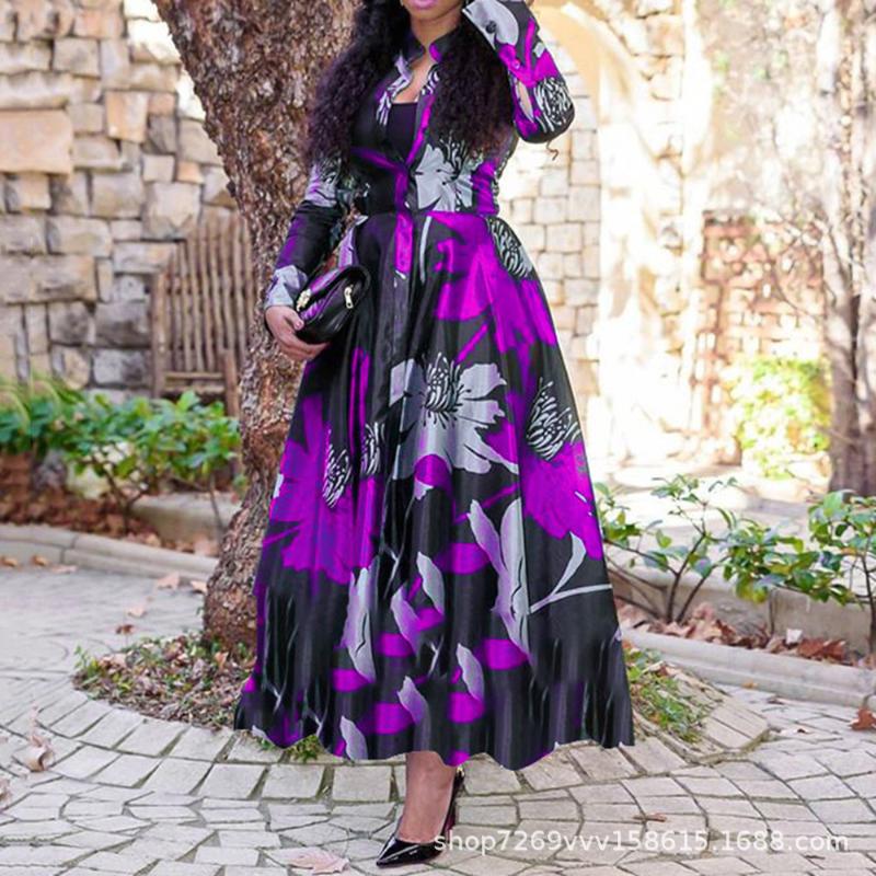 Purple/red/green/blue Sexy Vneck Floral Printed Bohemian Woman Dress Long Sleeve A-line Maxi Robe Boheme Chic Beach Frocks Casual Dresses