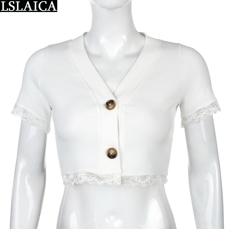 White women T-shirt Deep V-neck button short sleeve lace patchwork t shirt casual elegant slim knitted office shirts 210520