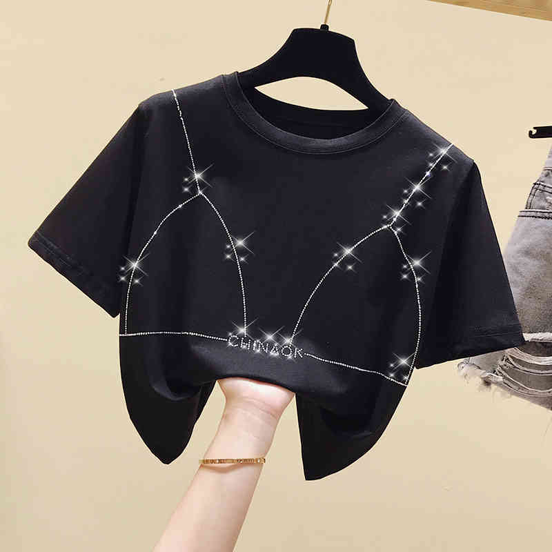 Short Style Bling Women Tee Summer Women's Sleeves O Neck Cotton T-Shirt Tees Girls Pullover Casual Tops A3295 210428