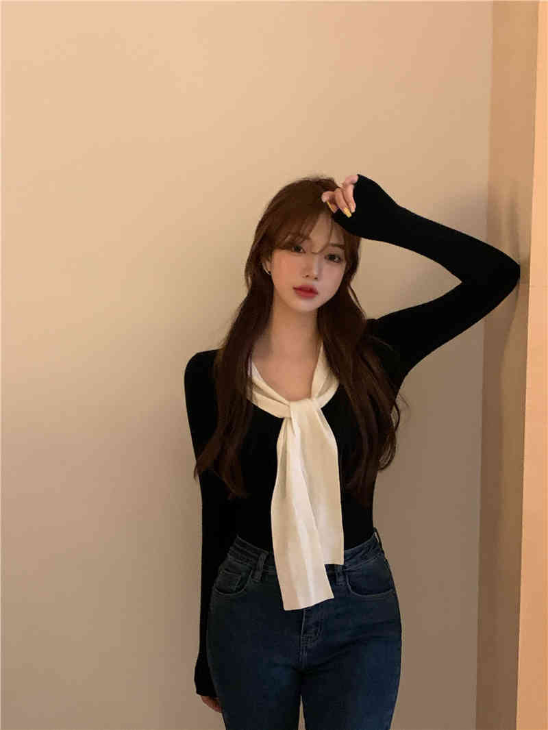 2 colors autumn korean style women slim tops tie collar solid color long Sleeve t-shirt Womens Tees shirt femme (R99440) 210508