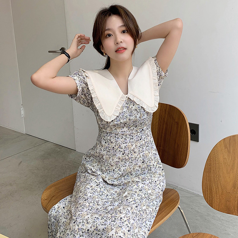 Women Summer Elegant Floral Dress Korea Fashion Peter Pan Collar A-line Casual Sashes Sundress 210519