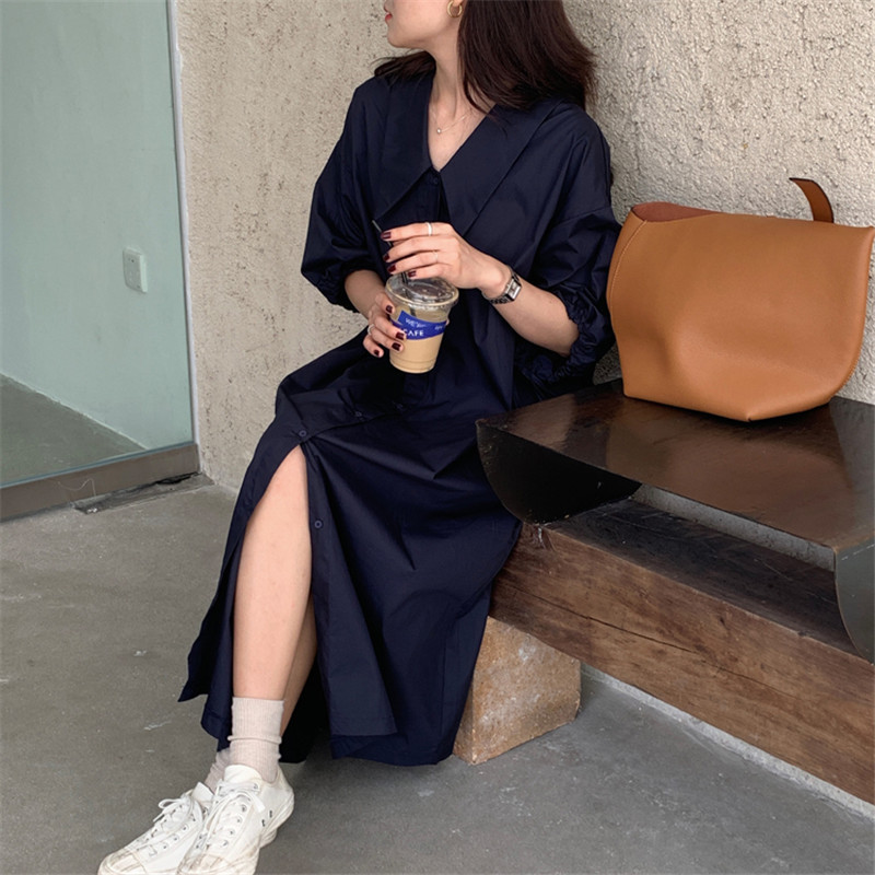 Chic Oversize Vintage Women Shirt Dress Summer Minimalist Elegant OL Work Wear Lapel Loose Long Dresses Vestidos 210421