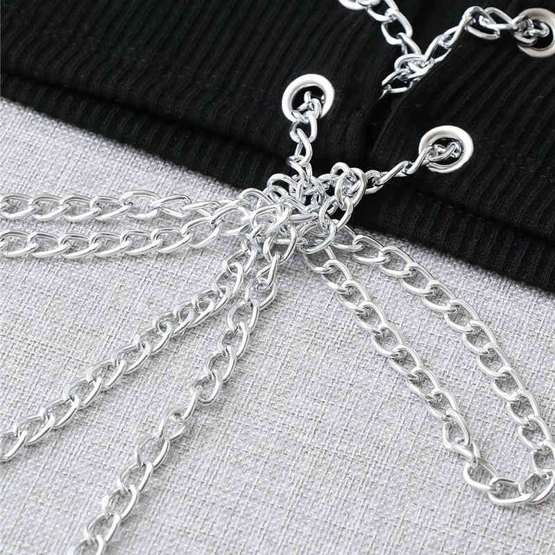 Evfer Spring Summer Fashion Sexy Lady Front Chain Drawstring Knitted Short Vest Women Stylish O-Neck Sleeveless Black Tops Chic 210421