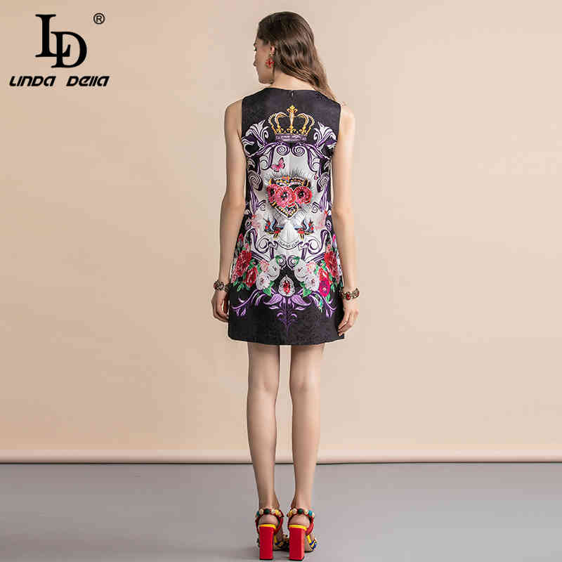 Summer Fashion Runway Mini Short Dress Women's Sleeveless Black Jacquard Floral Print Loose Elegant Vintage 210522
