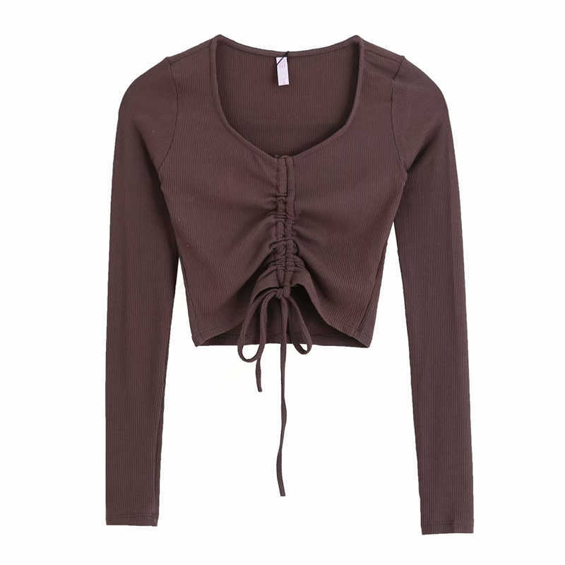 Sexy Women Sweet V-Neck Short Shirts Fashion Ladies Drawsting Knitted Tops Elegant Female Chic Solid Blouses 210527