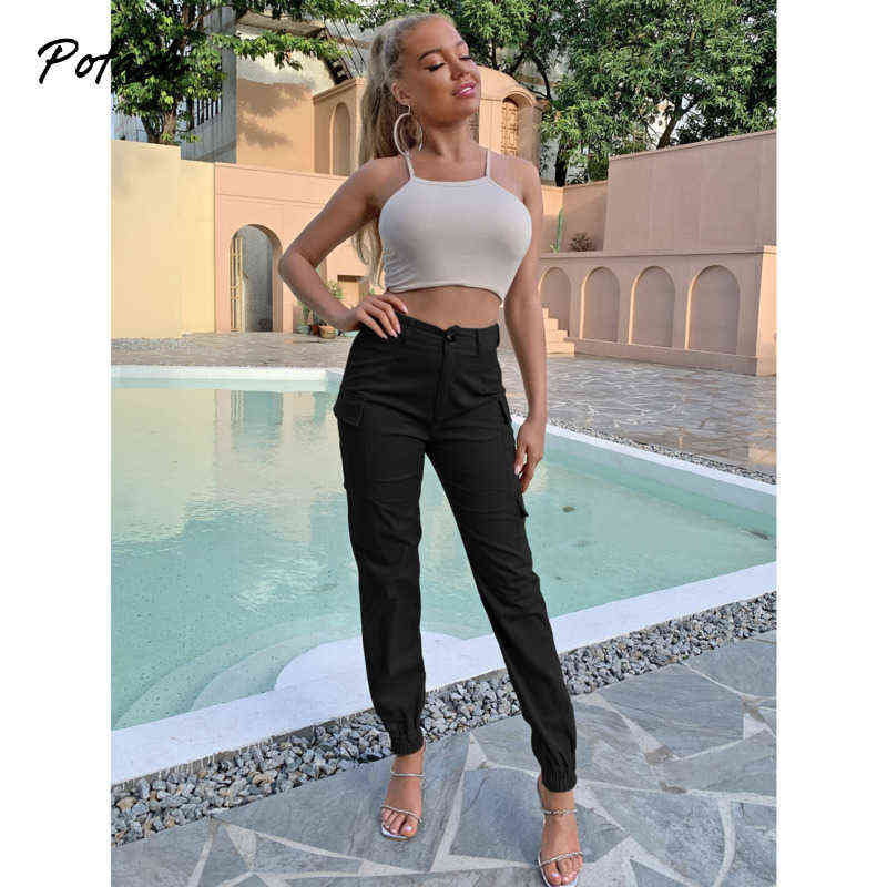 Pofash Solid Black Flap Pocket Cargo Pant Clothing Mid Waist Autumn Long Pencil Mujer Slim Zipper Casual Trousers 211124