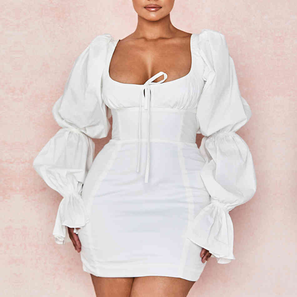Summer Women Fashion White Mini Dress Sexy Long Sleeve Slash Neck Club Celebrity Runway Party Dresses Vestidos 210423