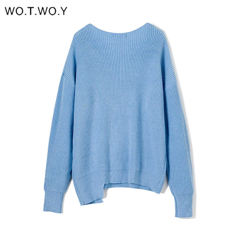 WOTWOY V-neck Knitted Oversized Sweater Autumn Winter Long Sleeve Basic Sweater White Casual Loose Pullovers Female 210914