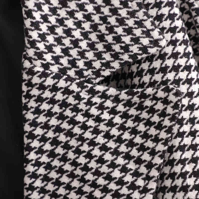 Vintage Woman Grey Houndstooth Long Loose Woolen Coat Fashion Ladies Autumn Sashes Outerwear Female Oversized Jackets 210515
