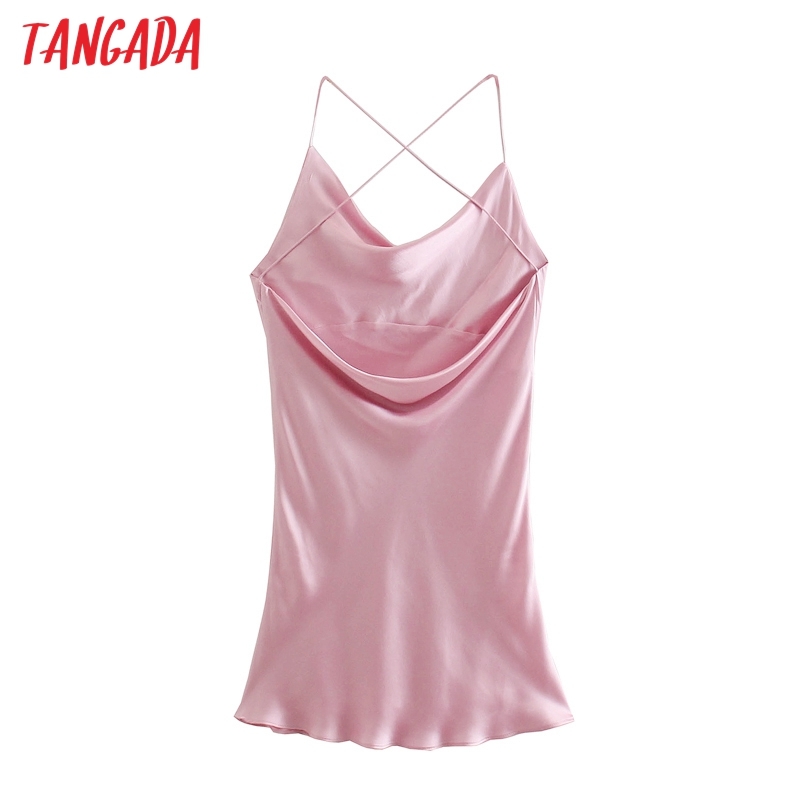 Fashion Women Sexy Pink Satin Dress for Party Arrival Strap Backless Ladies Mini Robe JE31 210416