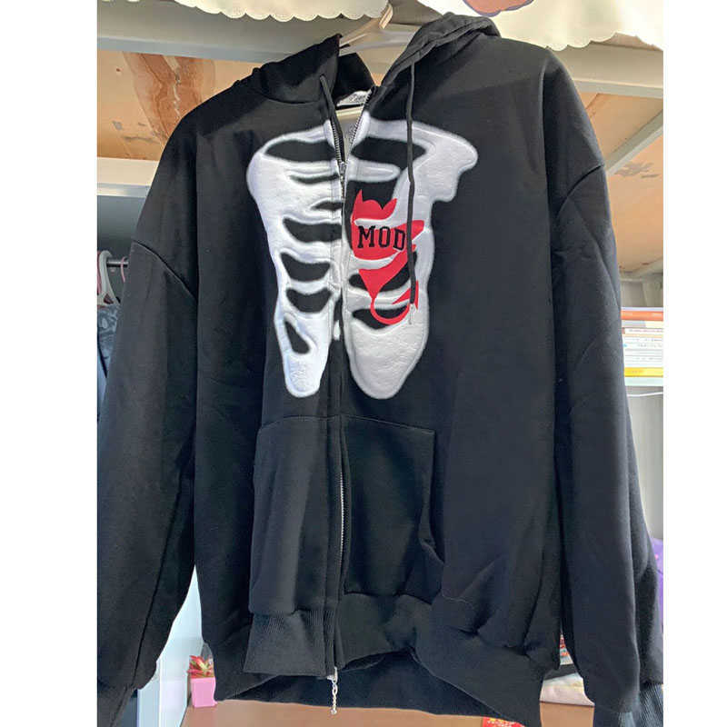 Stylish Bone Pattern Zipper Up Hoodies Streetwear Oversized Hooded Sweatshirt Women Long Sleeve Casual Harajuku Graphic Outwear 210910