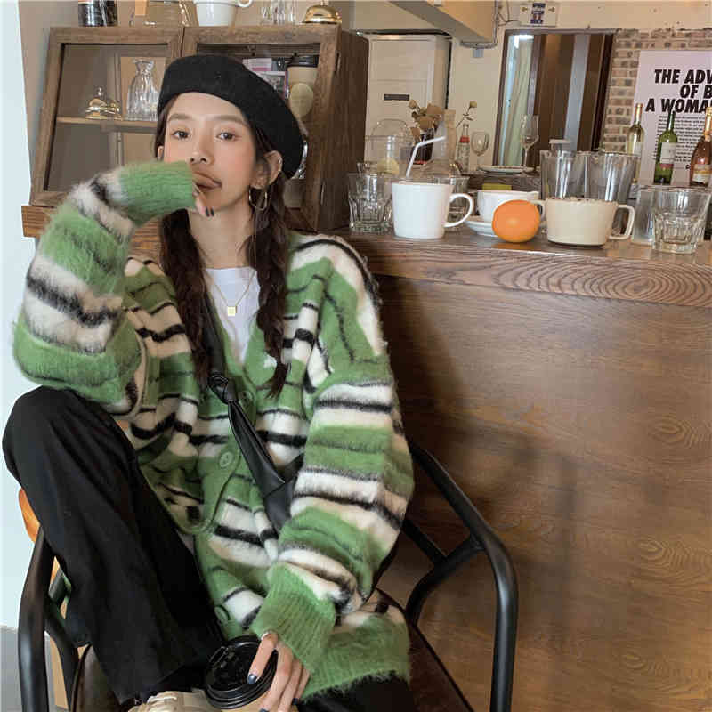 Wonder Striped Ugly Sweater Cardigan Winter Mohair Female Casual Korean Button-down Coat Women 210510