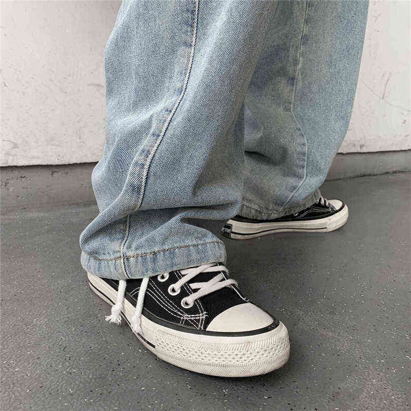 Korean Style Loose Wide Leg Jeans For Men Blue Baggy Denim Pants Kpop Clothes Fashion Jeansy Ulzzang Cargo Jeans Male 211120