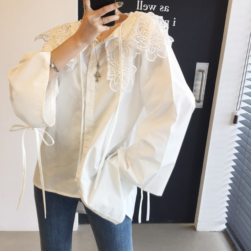 Asymmetrical Hem Shirts Women Appliques White Blouse Casual Loose Tops Lapel Plus Size Fashion Butterfly Sleeve Bow Shirt 13107 210506
