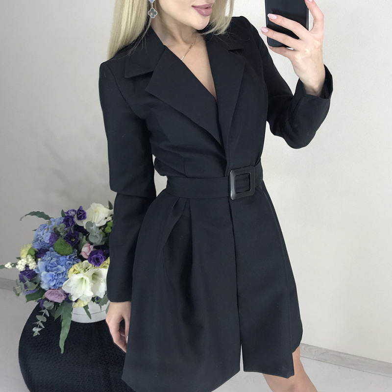 Women Dress Notched Long Sleeve Blazer Temperament Short Ladies es With Belt Girl Fashion es Autumn 210513