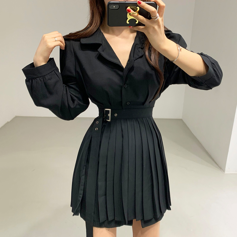 Spring Chic Two Piece Set Turn Down Collar Single Breasted Blouse + High Waist Pleated Skirts French Style Women Suit 210422