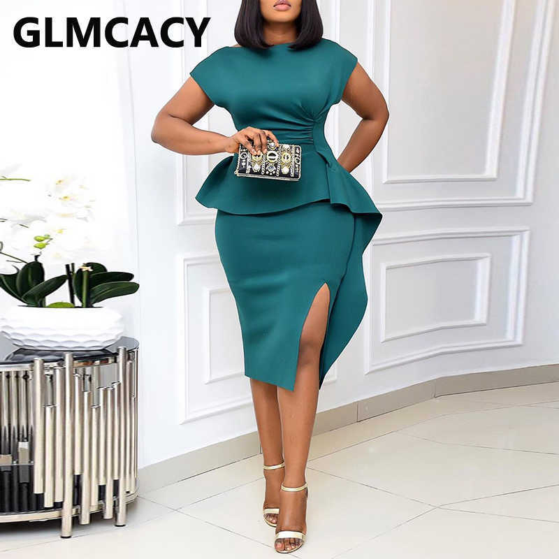 Women Short Sleeve Foam Dress Elegant Bodycon Slit Midi Dress 210702