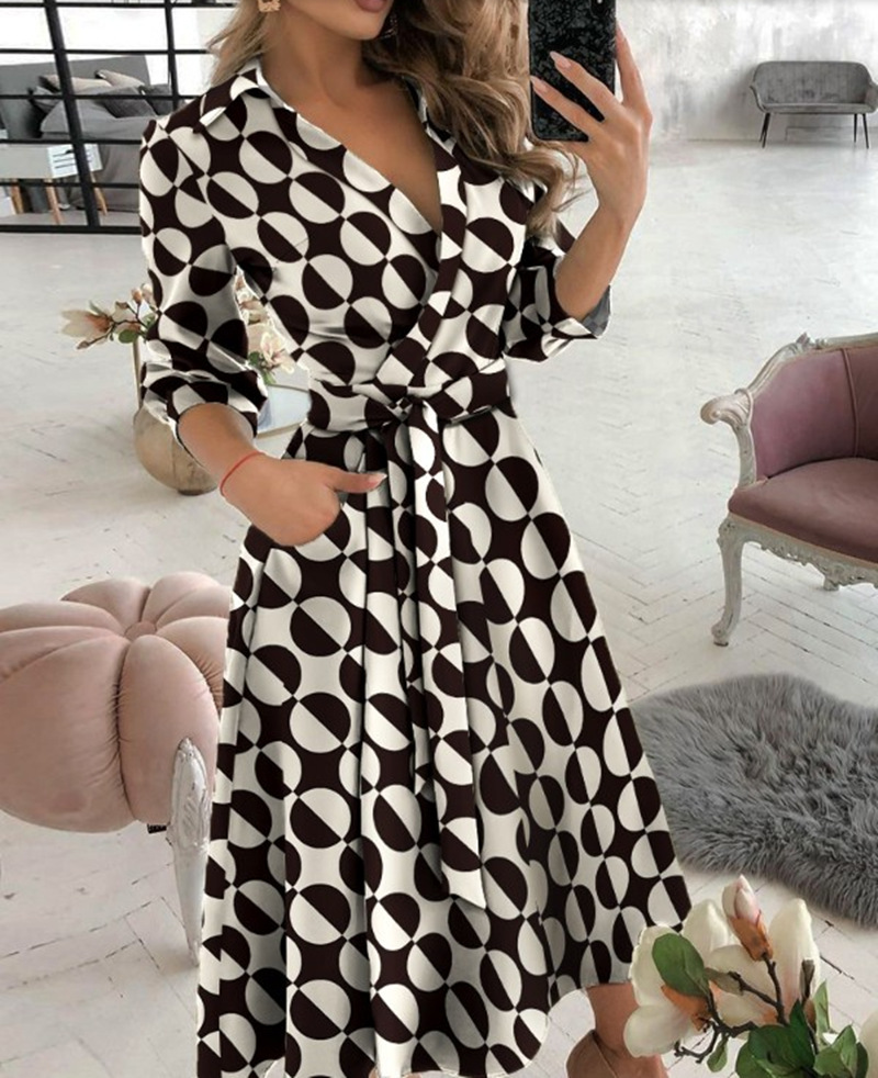 Women Casual Sashes A-Line Wrap Dress Ladies Print Long Sleeve V-Neck Pocket Elegant Office Lady Midi Party Vestidos 210522