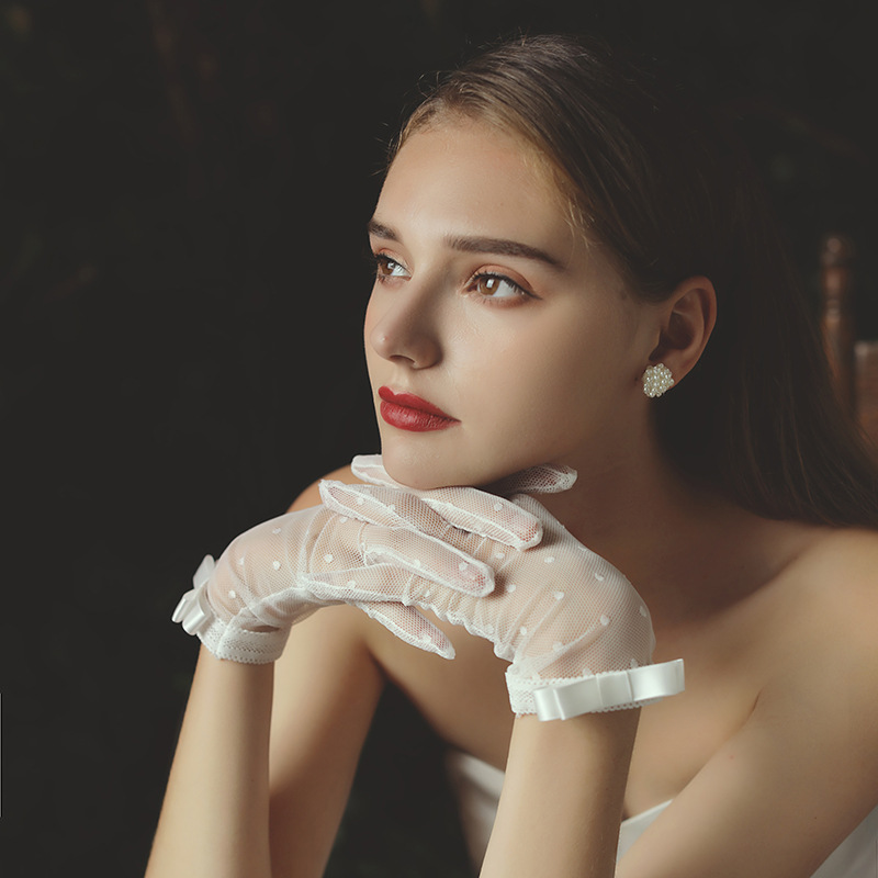 Wedding Gloves Transparent Dot Tulle Fishnet Gloves Black Ivory Wrist Length Bridal Finger Short Gloves