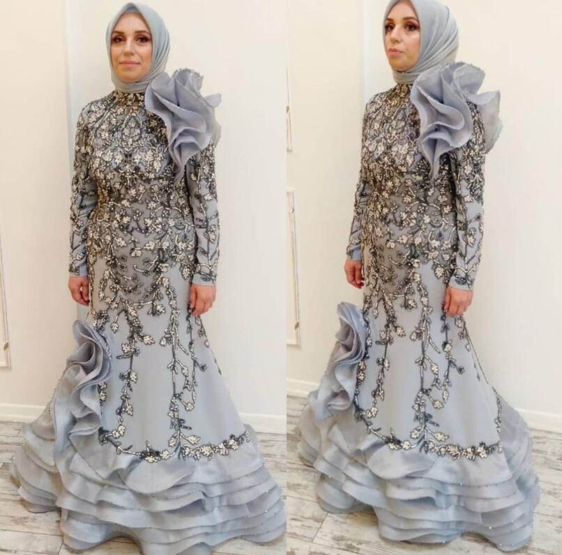 2022 Plus Size Arabic Aso Ebi Luxurious Muslim Mermaid Prom Dresses Lace Beaded Evening Formal Party Second Reception Gowns Dress ZJ216