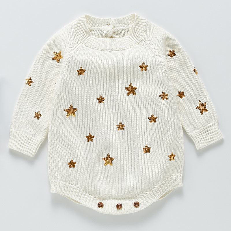 0-3Yrs Cute Baby Girl Knit Rompers Spring Autumn Long Sleeve Fashion Infant Clothes Star Printing 210429