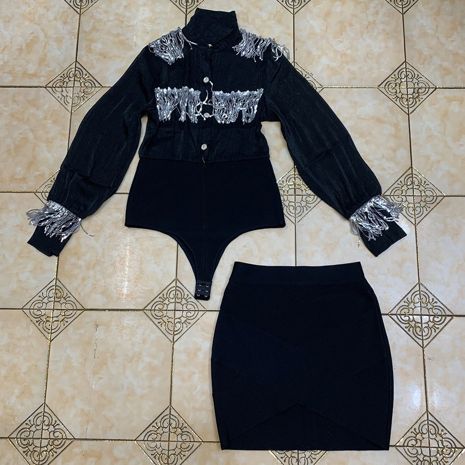 Free Women's Bandage Skirt Set Lapel Long Sleeve Sequined Tassel Shirt & Ladies Two-piece 210524