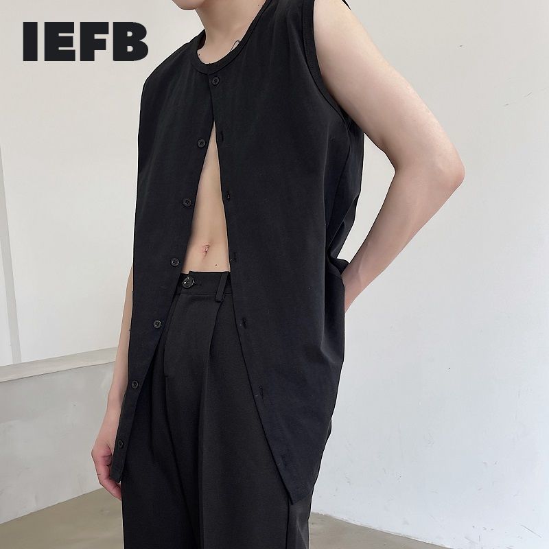 IEFB Spring And Summer Long Round Neck Cardigan Sleeveless Vest Single Button Wear Fashion Black White Tops 9Y5565 210524