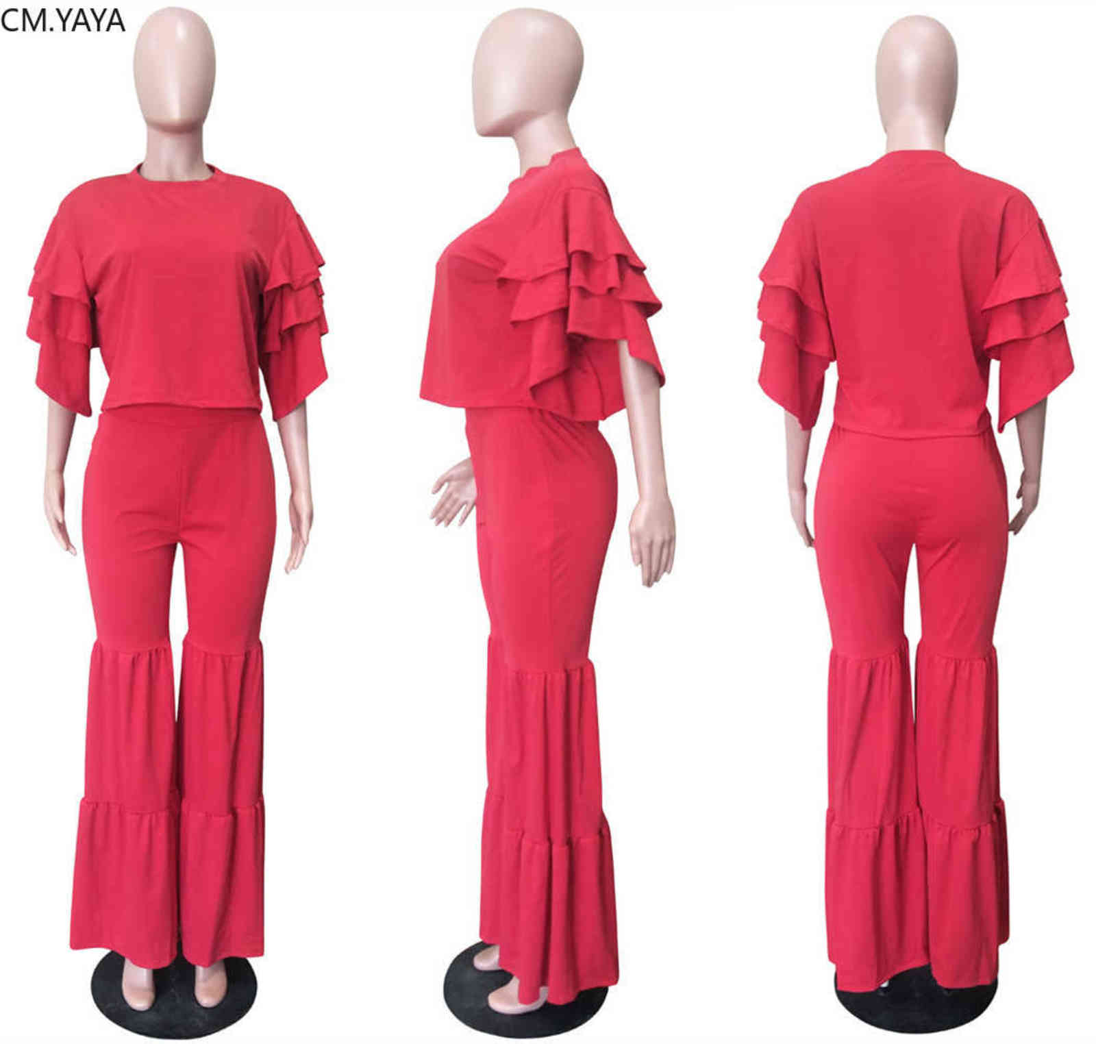 Autumn Winter Women set Tracksuit O Neck Petal Sleeve Top Flare Pants Suit Two Piece Set Solid Night Club Outfits LS6326 211105