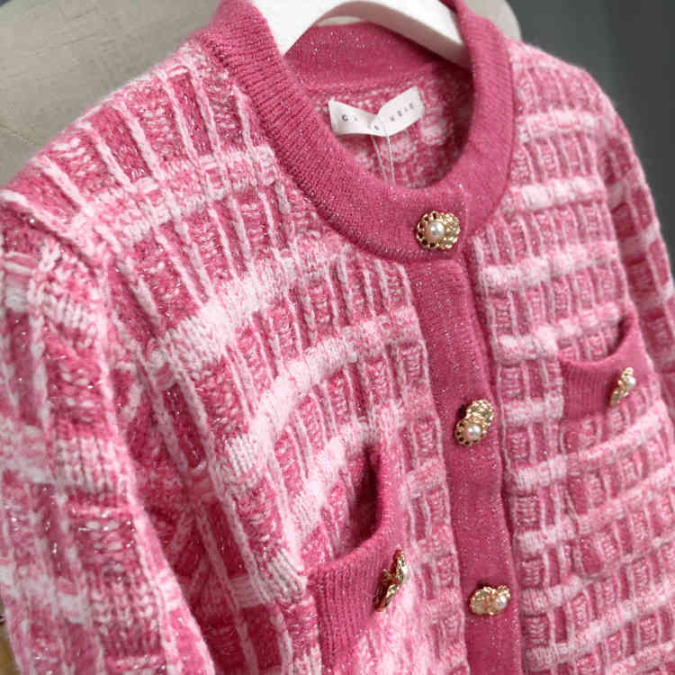 Spring Autumn Elegant Women Pink O-Neck Knitted Cardigans Single-Breasted Slim Chic Sweater Female Tops 210519