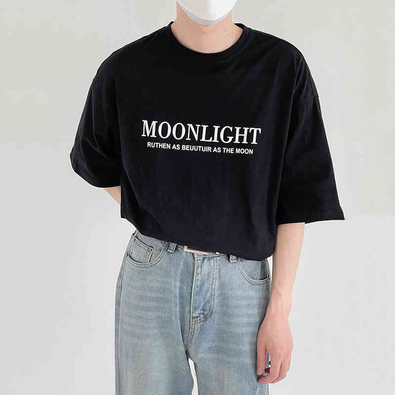 IEFB Black Short Sleeve Men's T-shirt Round Neck Loose Letter Print Simple Casual Korean Trend Black Tee Tops Summer 9Y7589 210524