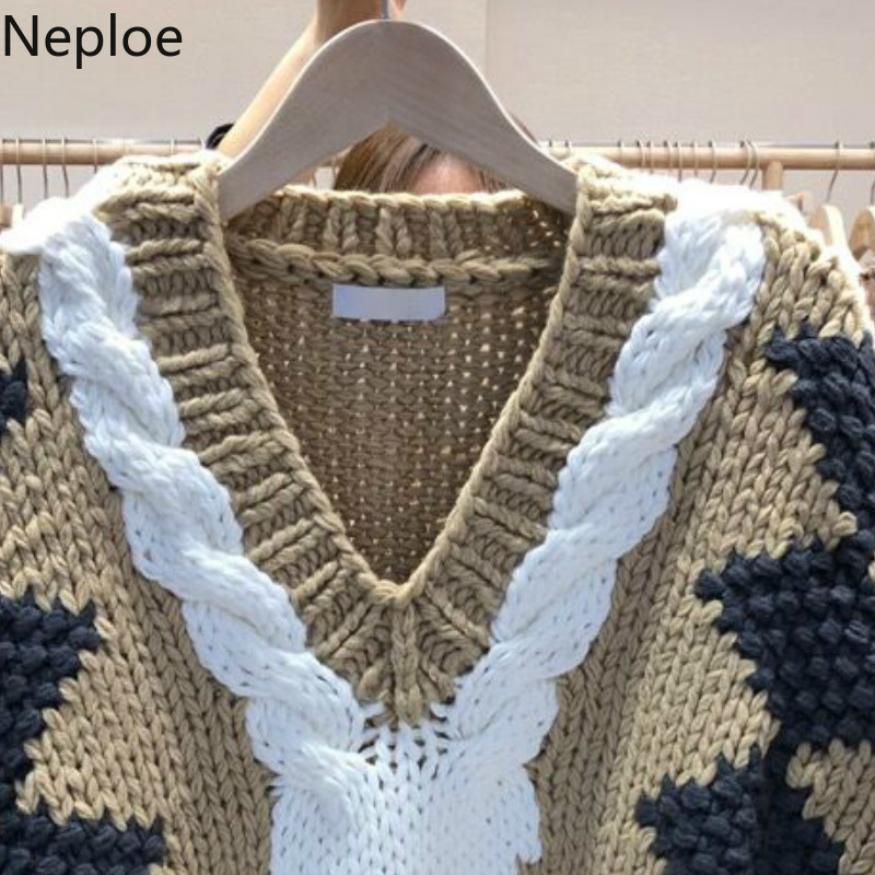 Neploe Knitted Cropped Sweater Vest Korean Fashion Clothes V-neck Knitted Ribbed Pullovers Tank Loose Casual Tops Female 210422