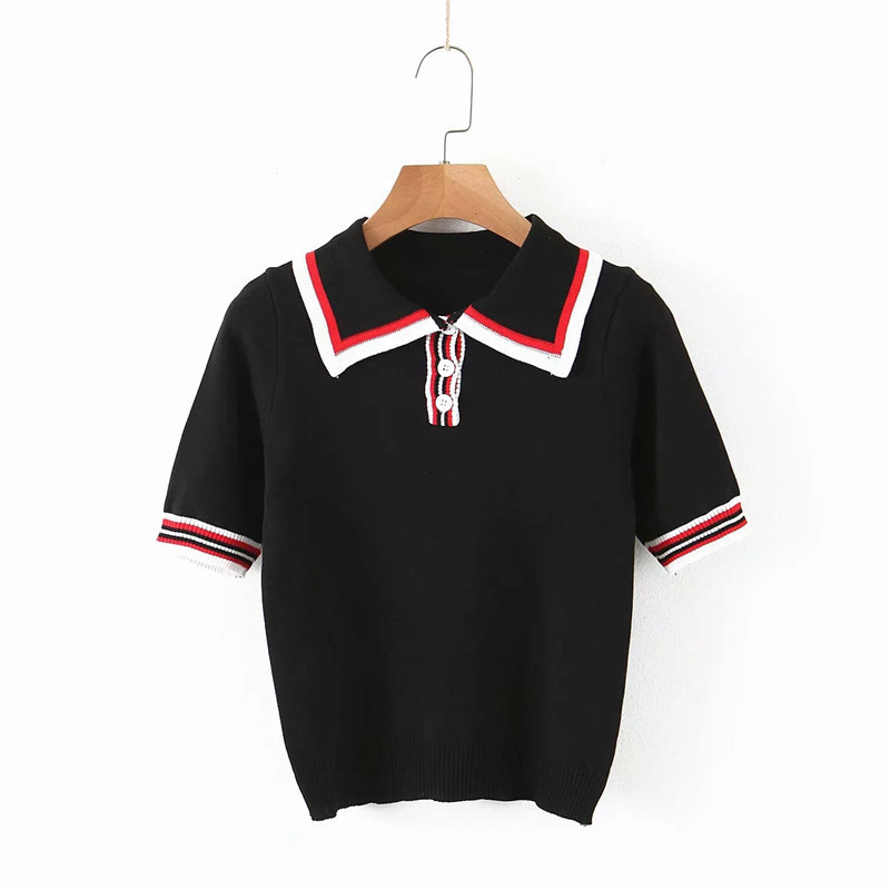 Women Casual Striped White Knitted Tshirt Spring-Summer Short Sleeve Turn-Down Collar Tops Fashion T-shirts 210421
