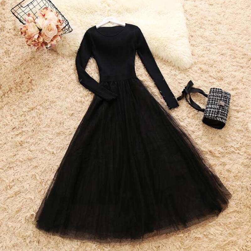 Women Knit Dress Autumn Winter O-Neck Long Sleeve Knitted Patchwork Mesh Dresses Female Elegant Fluffy Dress Vestidos 210521