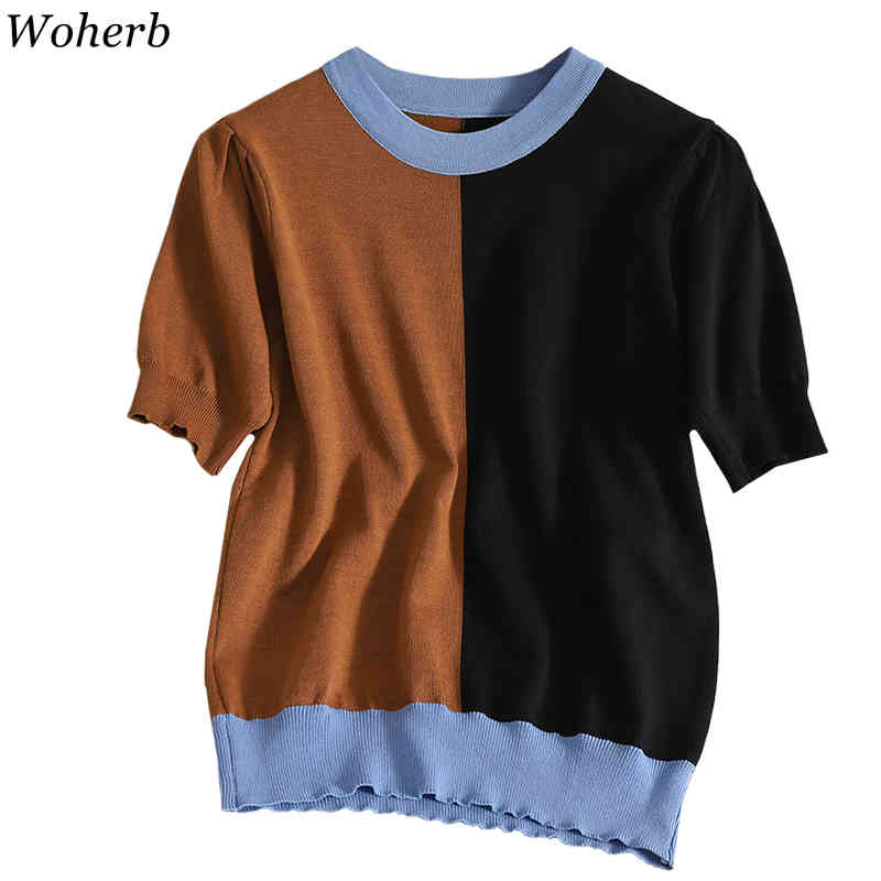 Summer Woman Tshirts Fashion Contrast Color Patchwork Shirts Korean Knitted Tees Loose Casual Pullovers Tops Femme 210519