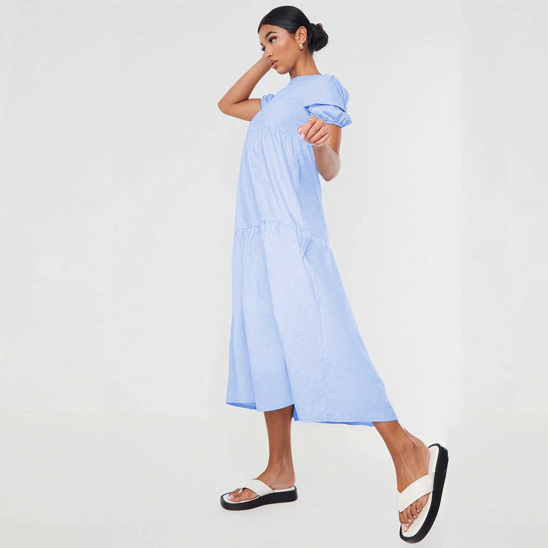 Women O-neck Short Sleeve Loose Style Solid Color Midi Dress 210702