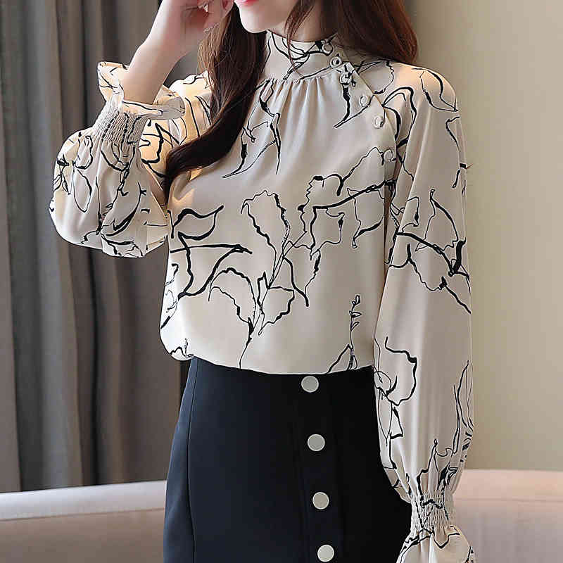 Fashion Womens And Blouses Ladies Chiffon Blouse Shirts For Women Tops Button Printing Lantern Sleeve 6323 50 210415