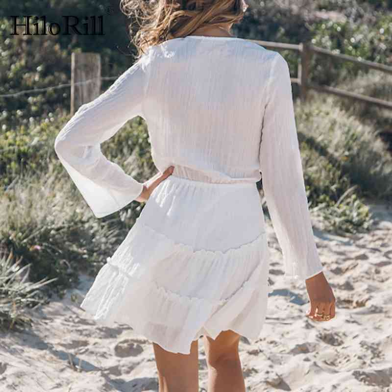 Women Sexy Deep V Neck White Mini Dress Long Sleeve A Line Holiday Casual Summer Elegant Bandage es Vestidos 210508