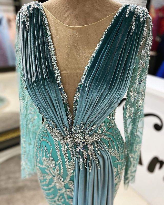 2021 Plus Size Arabic Aso Ebi Luxurious Mermaid Beaded Prom Dresses Sheer Neck Long Sleeves Velvet Formal Evening Party Second Reception Gowns Dress Z