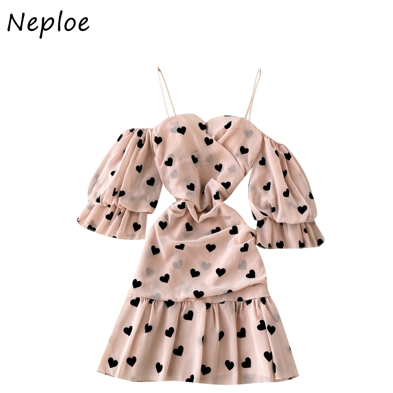 Neploe Sexy Shoulder Strapless Love Heart Print Dresses Sweet Ruffles Patchwork Mini Dress Women Puff Sleeve Zip Camis Vestidos 210422
