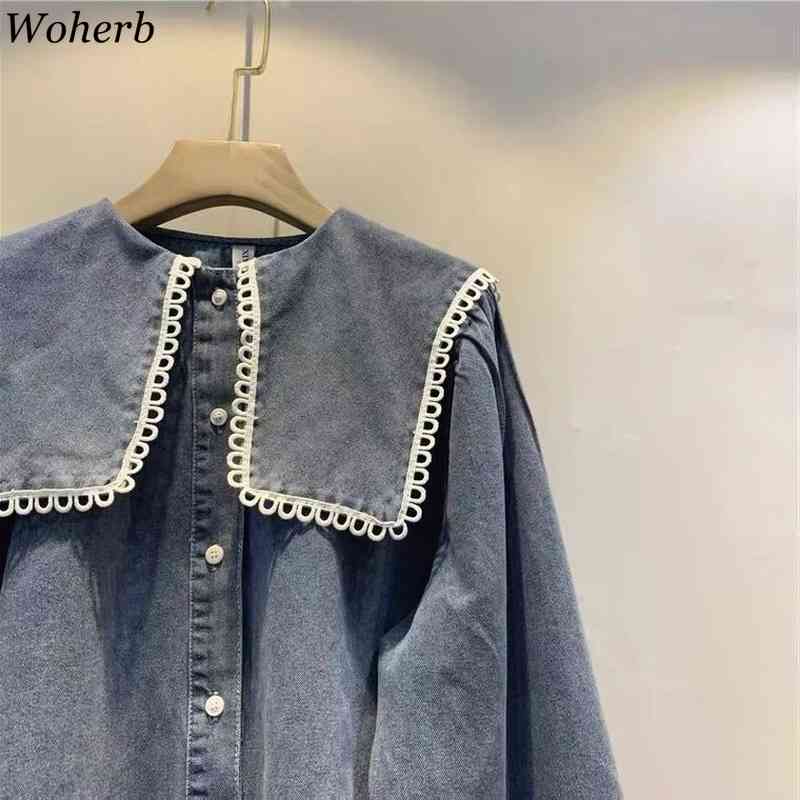 Denim Shirts for Women Spring Peter Pan Collar Long Sleeve Simple Blouse Korean Loose Elegant Oversize Jean Tops 210519