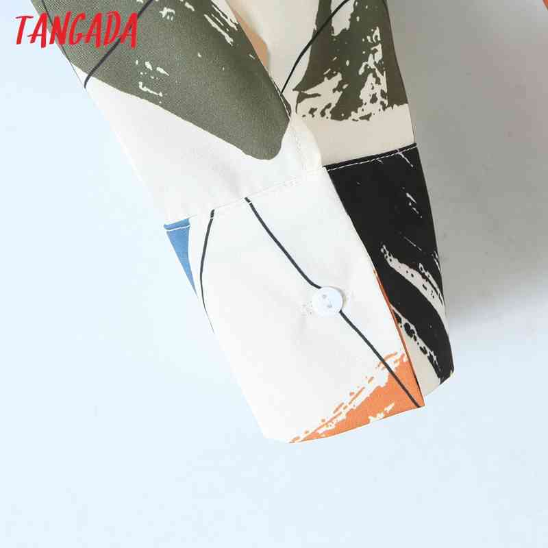 Women Retro Geometry Print Chiffon Shirt Blouse Office Lady Long Sleeve Chic Female Tops SL546 210416