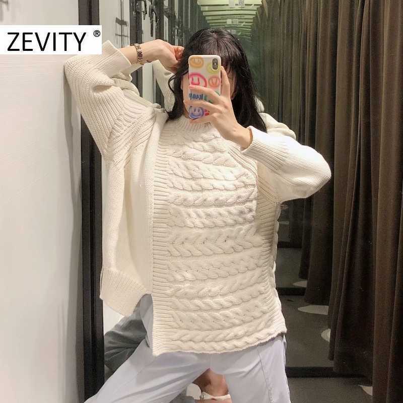 Zevity women fashion twist patchwork hem irregular knitting sweater ladies long sleeve casual sweaters chic autumn tops S394 210603