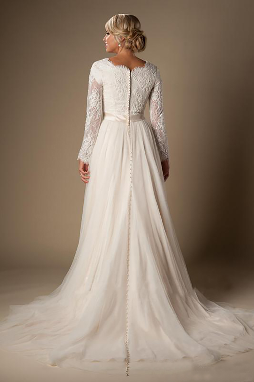 Modest A-line 2021 Beaded Lace Dresses with Long Sleeves Buttons Up Back Chiffon Bridal Gowns Wedding Dress