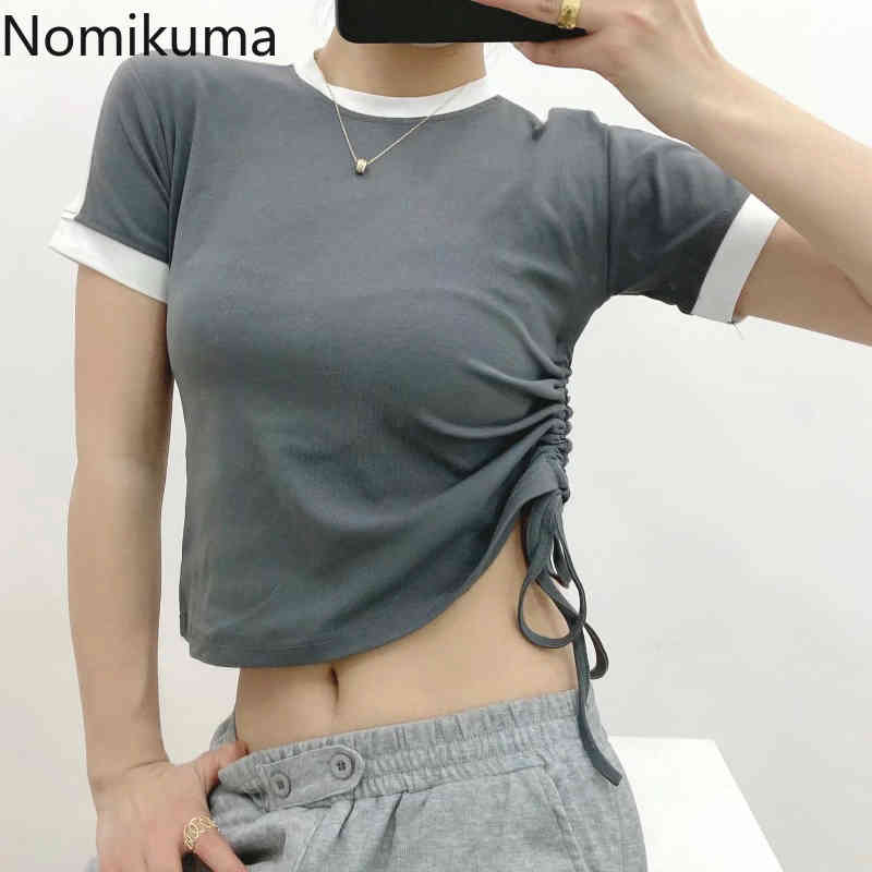 Nomikuma Korean Hit Color Patchwork Graphic Tees Korean Drawstring Slim Short Crop Tops Short Sleeve O-neck Woman T Shirts 6G981 210427
