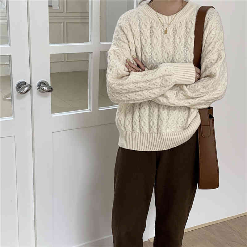 Autumn Winter Bottoming Tops Elegant Solid Twisted Sweater OL Pullovers Loose Warm Knitted Sweaters Woman Clothes 210421