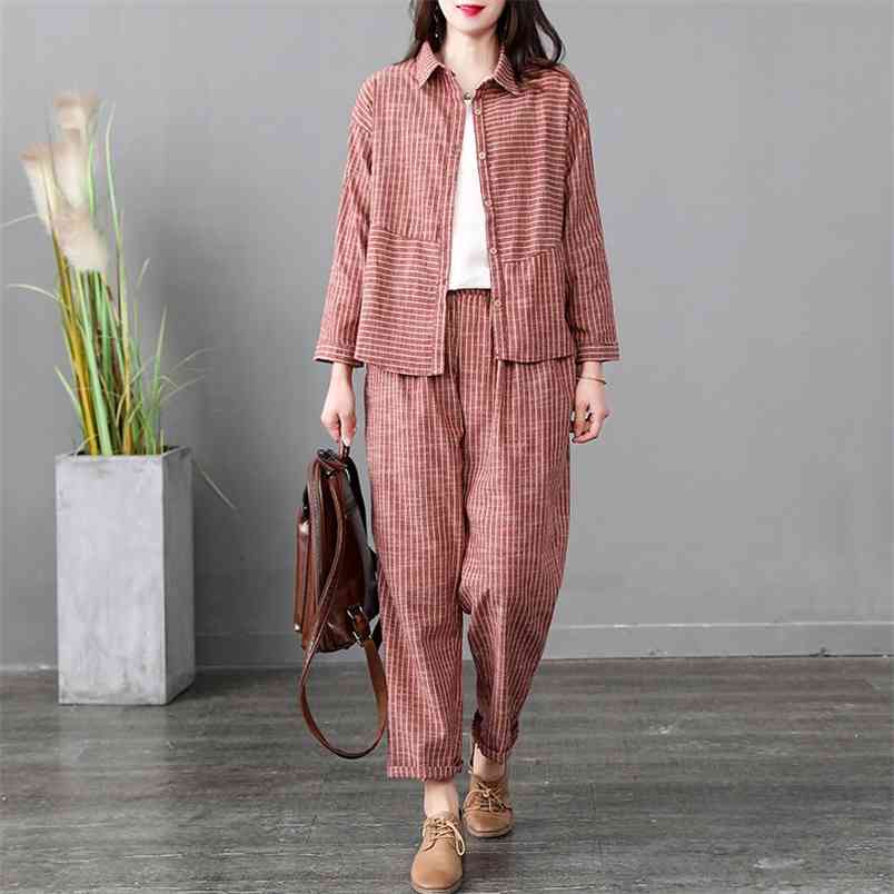 Arrival Spring Korea Fashion Women Long Sleeve Shirt Elastic Waist Loose Pant Suit Cotton Linen Stripe 2 Peice Set S647 210512