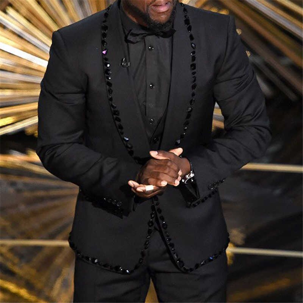 Designer Crystal Beading Men Customized Wedding Tuxedos Red Carpet Groom Wear Dinner Prom Party Blazer (Jacket+Pants)